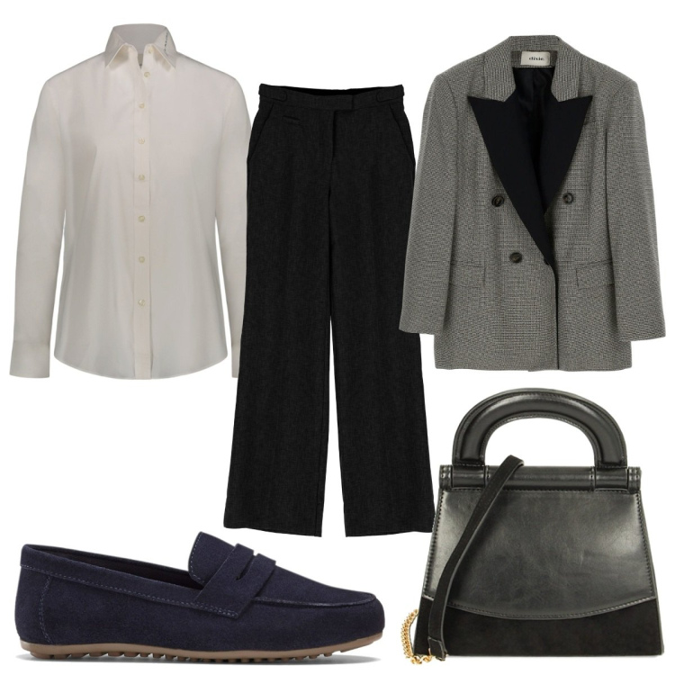 Outfit donna - Total look #1753019. Stile Minimal per Ufficio. Abbinamento con mocassini, pantaloni, cappotti, borse a mano, camicie.