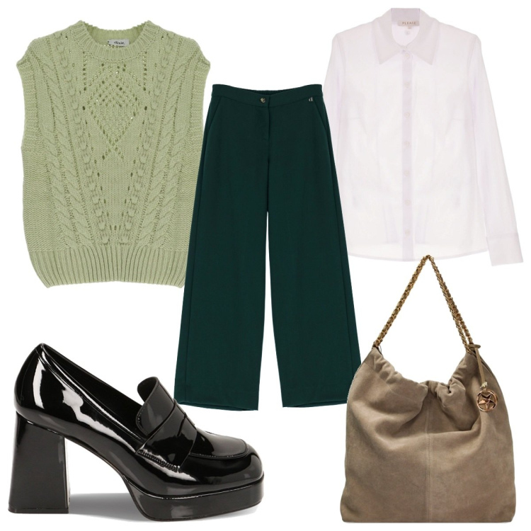 Outfit donna - Total look #1753024. Stile Trendy per Tutti i giorni. Abbinamento con camicie, borse a spalla, mocassini, maglieria, pantaloni a palazzo.