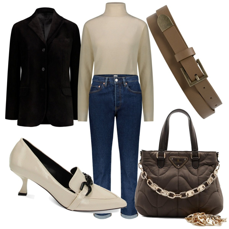 Outfit donna - Aperitivo di lavoro. Stile Casual chic per Ufficio. Abbinamento con mocassini, pullovers, cinture, borse a spalla, jeans, blazer.