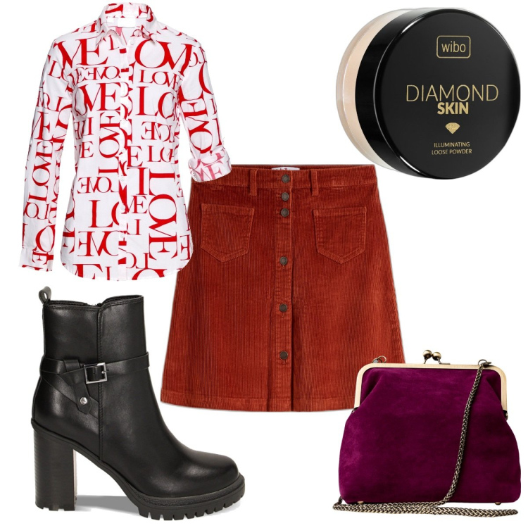 Outfit donna - Total look #1753032. Stile Trendy per Tutti i giorni. Abbinamento con gonne, camicie, ciprie, stivaletti, clutch.