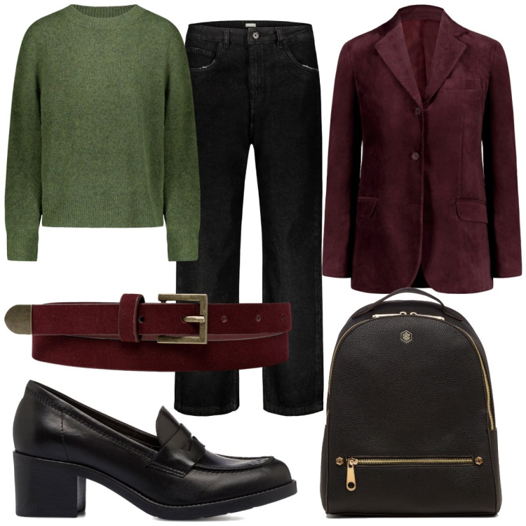 Outfit donna - Blazer in velluto. Stile Mannish per Ufficio. Abbinamento con mocassini, zaini, cinture, blazer, jeans, maglieria.