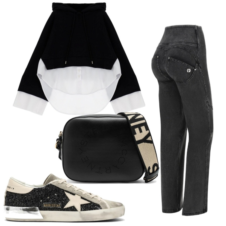 Outfit donna - Total look #1753089. Stile Trendy per Tutti i giorni. Abbinamento con felpe con cappuccio, jeans, sneakers, borse a tracolla.