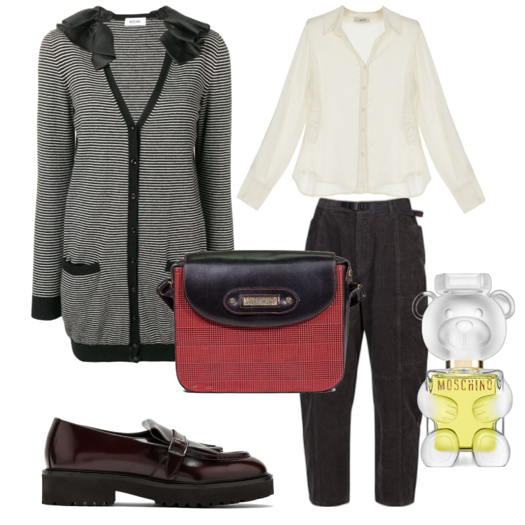 Outfit donna - Moschino. Stile Casual chic per Tutti i giorni. Abbinamento con borse a tracolla, cardigans, profumi, camicie, pantaloni, mocassini.