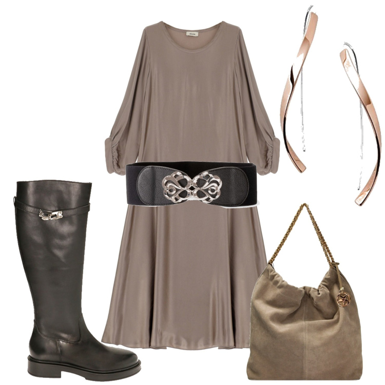 Outfit donna - In città. Stile Casual chic per Tutti i giorni. Abbinamento con cinture, stivali sopra il ginocchio, borse a spalla, vestiti midi/longuette, orecchini.