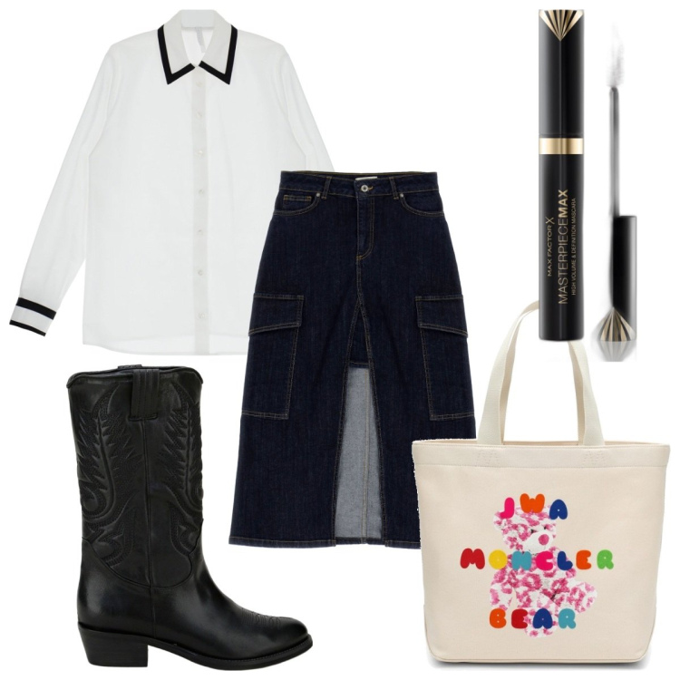 Outfit donna - Total look #1753115. Stile Trendy per Tutti i giorni. Abbinamento con mascara, camicie, gonne, stivali, borse tote.