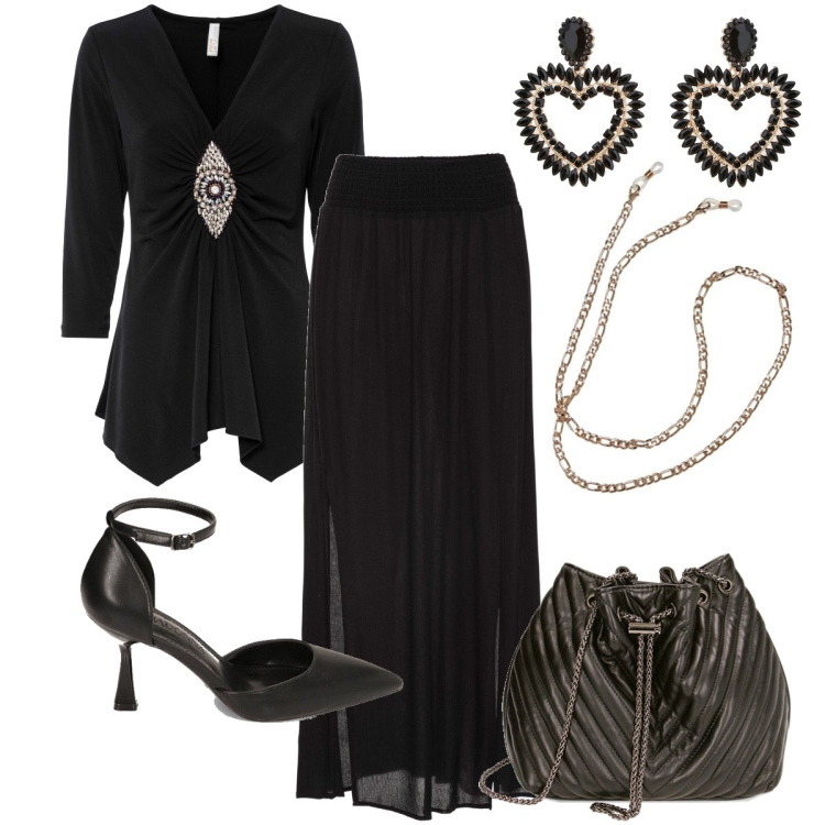 Outfit donna - La blusa con il gioiello. Stile Chic per Serata fuori. Abbinamento con gonne lunghe, maglieria, borse a secchiello, décolleté, orecchini, collane.