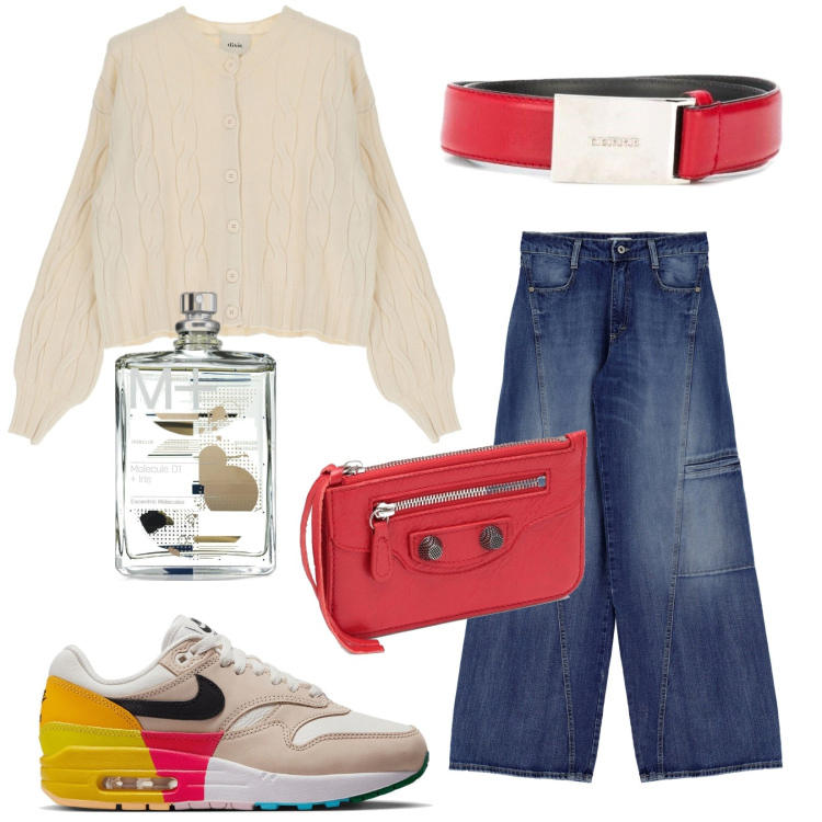 Outfit donna - Total look #1753126. Stile Urban per Tutti i giorni. Abbinamento con cinture, profumi, jeans, sneakers alte, pullovers, portafogli.