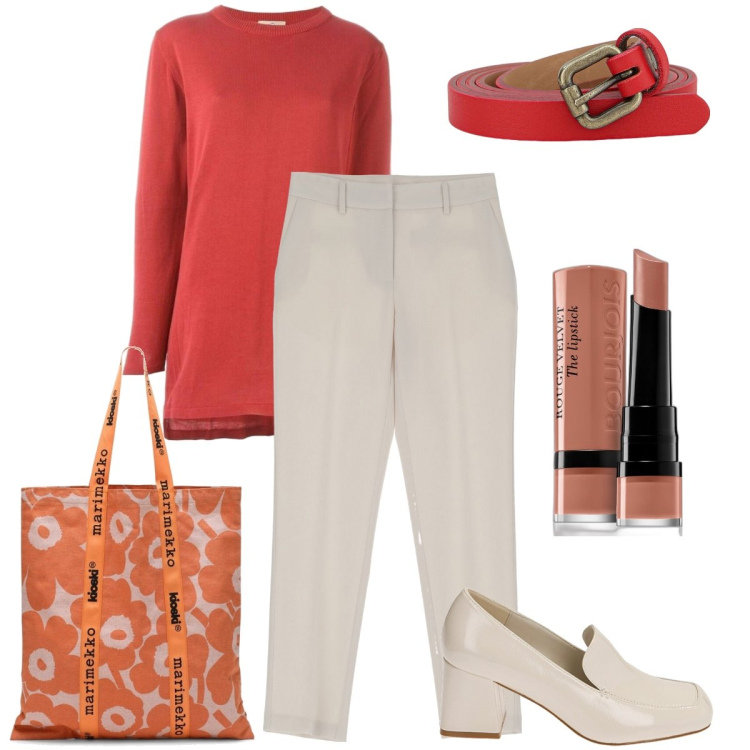 Outfit donna - La shopper con i fiori. Stile Casual chic per Tutti i giorni. Abbinamento con pullovers, rossetti, pantaloni, cinture, mocassini, borse tote.
