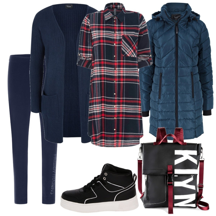 Outfit donna - Total look #1753154. Stile Sporty chic per Scuola/Università. Abbinamento con cappotti, vestiti chemisier, cardigans, zaini, leggings, sneakers.