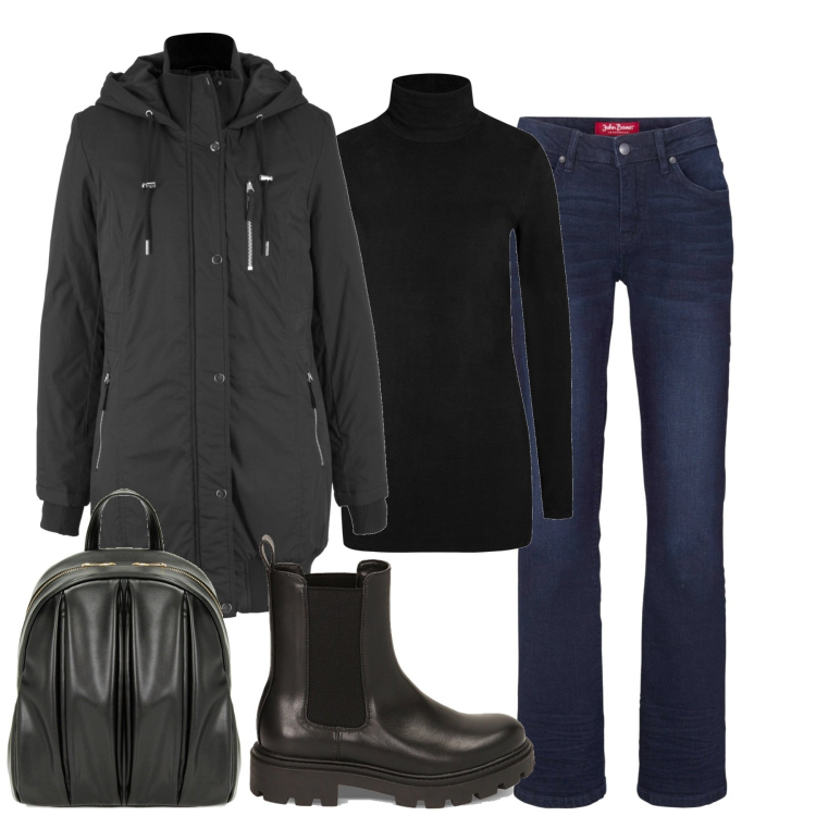 Outfit donna - Piove. Stile Basic per Tutti i giorni. Abbinamento con jeans bootcut, giacche, maglieria, stivaletti chelsea, zaini.