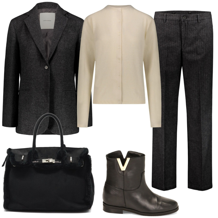 Outfit donna - In ufficio. Stile Bon Ton per Ufficio. Abbinamento con stivaletti, cardigans, pantaloni, borse a mano, blazer.