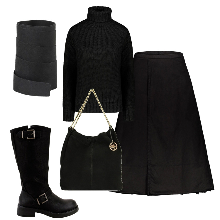 Outfit donna - City. Stile Basic per Tutti i giorni. Abbinamento con cinture, stivali, borse a spalla, gonne lunghe, maglieria.