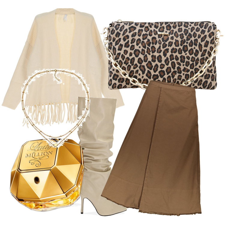 Outfit donna - Animalier e oro. Stile Casual chic per Tutti i giorni. Abbinamento con profumi, cardigans, pochette, stivali, gonne lunghe, collane.