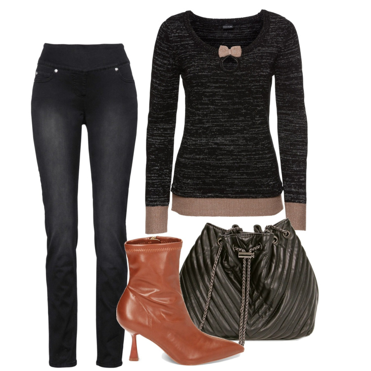 Outfit donna - Jeans neri. Stile Urban per Tutti i giorni. Abbinamento con maglieria, jeans, borse a secchiello, stivaletti.