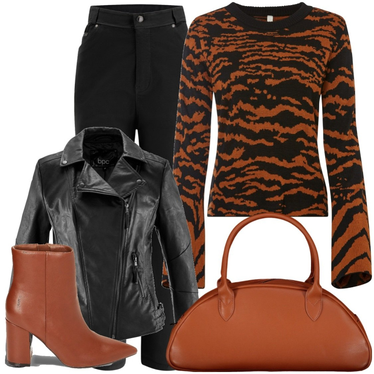 Outfit donna - La domenica di halloween. Stile Rock per Serata fuori. Abbinamento con blazer, maglieria, pantaloni capri, stivaletti, borse a spalla.