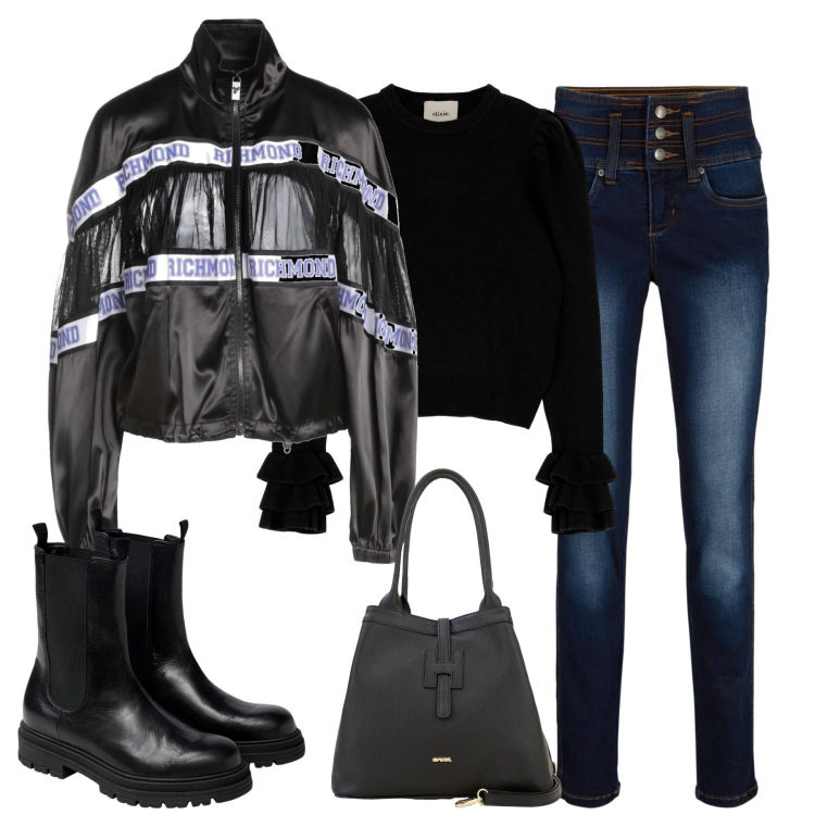 Outfit donna - Il giubbotto Richmond. Stile Casual chic per Tutti i giorni. Abbinamento con bomber, jeans, borse a secchiello, pullovers, stivaletti chelsea.