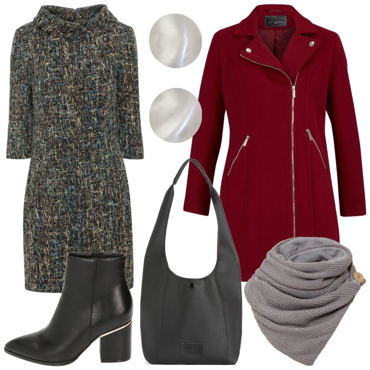 Outfit donna - Il vestito mélange. Stile Casual chic per Tutti i giorni. Abbinamento con foulard, vestiti a tubino, cappotti, borse a spalla, stivaletti, orecchini.