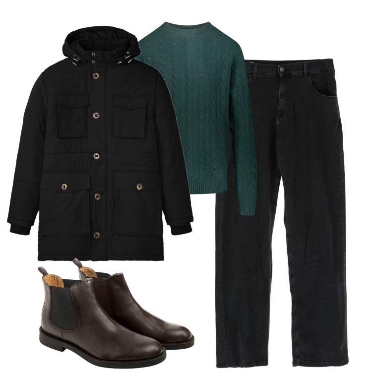 Outfit uomo - Total look #1753278. Stile Casual per Tutti i giorni. Abbinamento con parka, jeans dritti, maglieria, stivali e stivaletti.