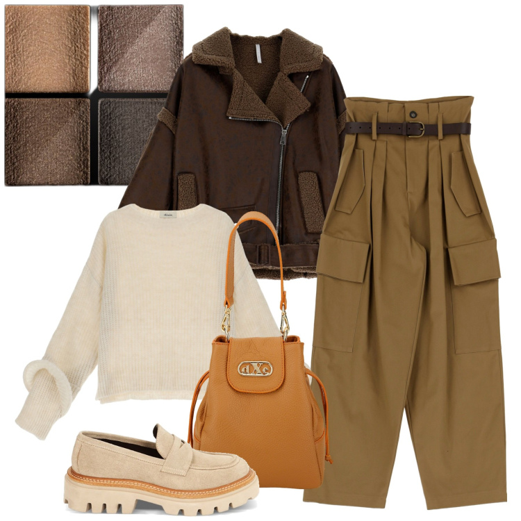 Outfit donna - Wood. Stile Urban per Tutti i giorni. Abbinamento con ombretti, cappotti, mocassini, pantaloni a palazzo, pullovers, borse a secchiello.