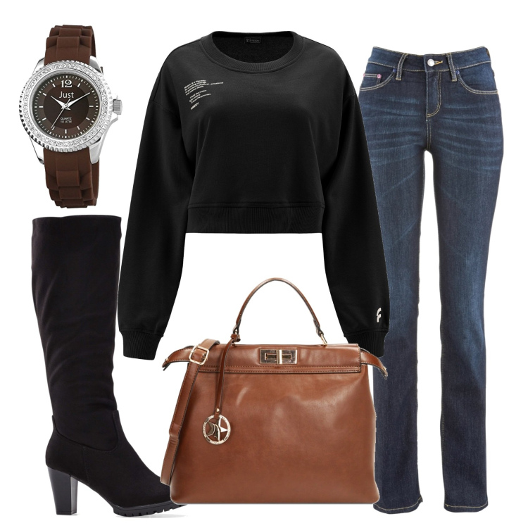 Outfit donna - autunno in ufficio. Stile Casual chic per Ufficio. Abbinamento con stivali, jeans dritti, felpe, borse a mano, orologi analogici.