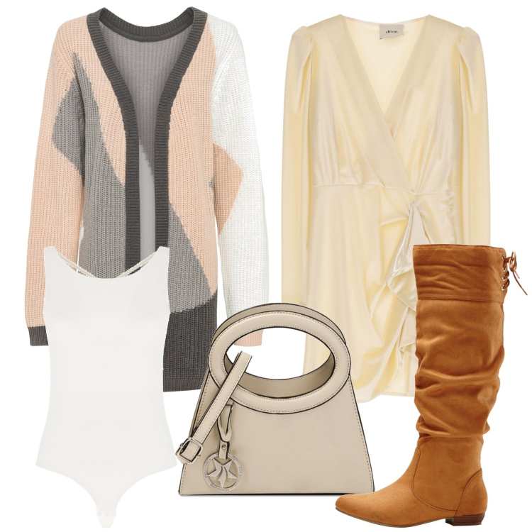 Outfit donna - Perfetta in autunno. Stile Chic per Ufficio. Abbinamento con cardigans, stivali sopra il ginocchio, body, borse a spalla, vestiti corti.