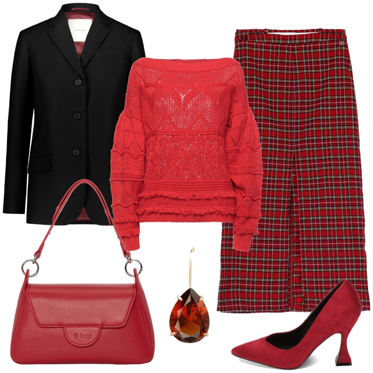 Outfit donna - Preppy, serata fuori. Stile Preppy per Serata fuori. Abbinamento con pullovers, gonne lunghe, décolleté, orecchini, blazer, borse a spalla.