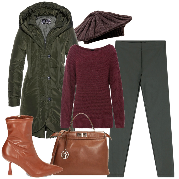 Outfit donna - In città. Stile Basic per Tutti i giorni. Abbinamento con maglieria, blazer, pantaloni, borse a mano, stivaletti, cappelli e berretti.