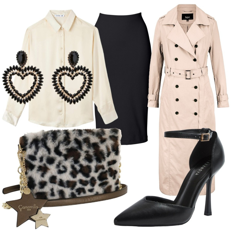 Outfit donna - Olga animalier. Stile Chic per Cerimonia. Abbinamento con gonne longuette, trench, camicie, décolleté, orecchini, borse a tracolla.