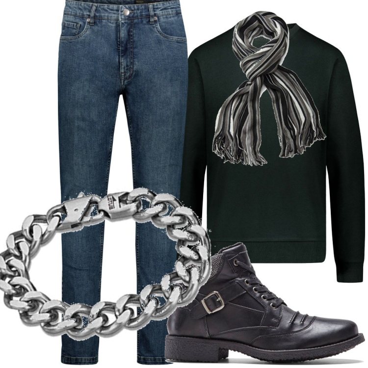 Outfit uomo - Il papà trendy. Stile Trendy per Tutti i giorni. Abbinamento con jeans, felpe sportive, sciarpe, braccialetti, stivali e stivaletti.