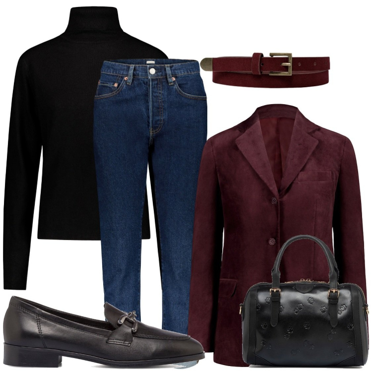 Outfit donna - Stile mannish. Stile Mannish per Ufficio. Abbinamento con mocassini, borse a mano, cinture, blazer, maglieria, jeans.