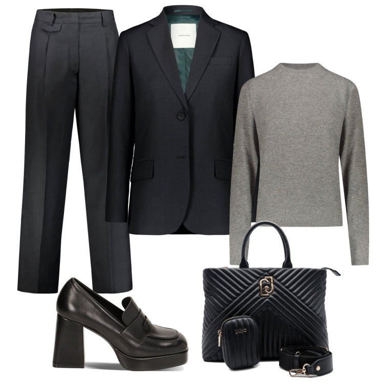Outfit donna - 50 sfumature di grigio. Stile Mannish per Ufficio. Abbinamento con mocassini, pullovers, pantaloni, blazer, borse a mano.