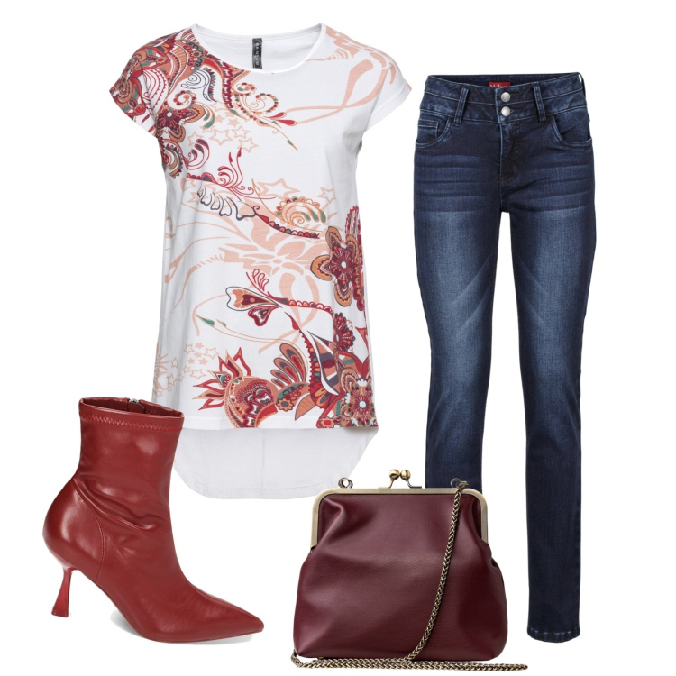 Outfit donna - Stivaletti rossi. Stile Casual per Tutti i giorni. Abbinamento con jeans, maglieria, stivaletti, clutch.