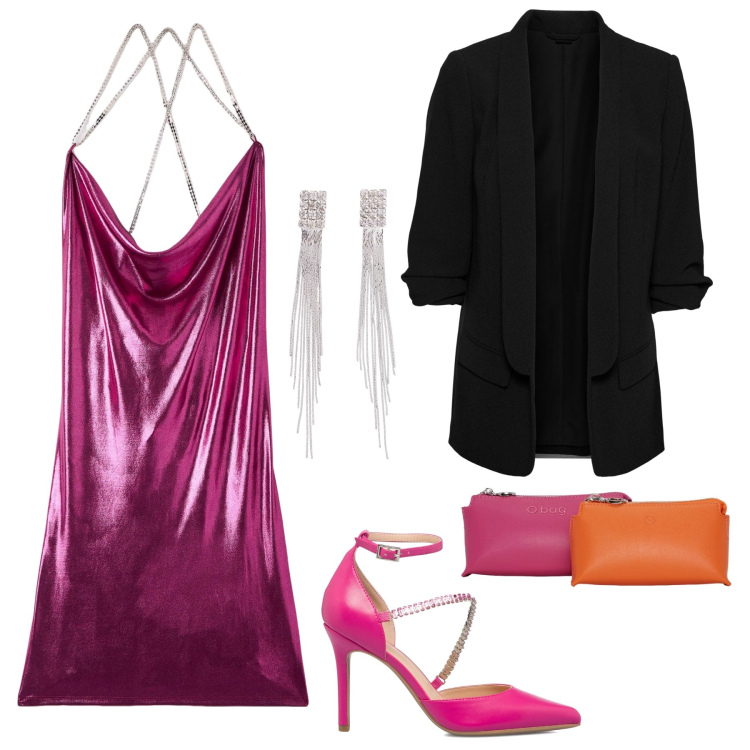 Outfit donna - #serata. Stile Glamour per Serata fuori. Abbinamento con blazer, orecchini, vestiti, décolleté, pochette.