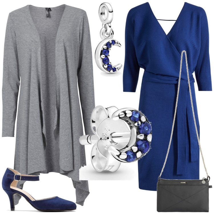 Outfit donna - Blue moon. Stile Casual chic per Tutti i giorni. Abbinamento con cardigans, vestiti, décolleté, clutch, orecchini, ciondoli.