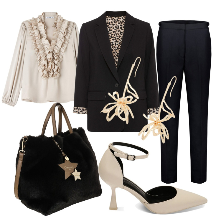 Outfit donna - La borsa Teddy nera. Stile Chic per Ufficio. Abbinamento con blazer, camicie, décolleté, orecchini, pantaloni, borse a mano.