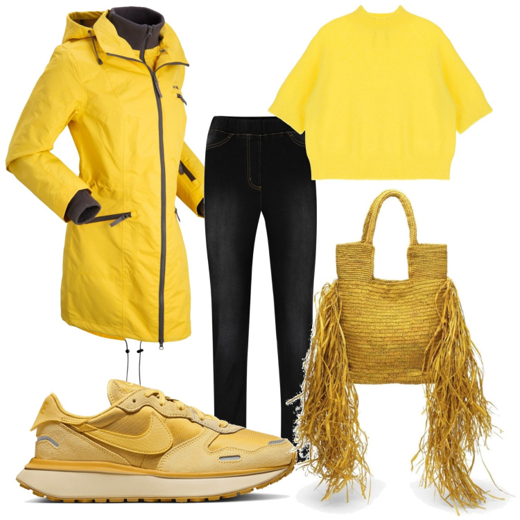 Outfit donna - Jeans e maglione giallo. Stile Casual chic per Tutti i giorni. Abbinamento con jeggings, cappotti, maglieria, sneakers, borse a spalla.