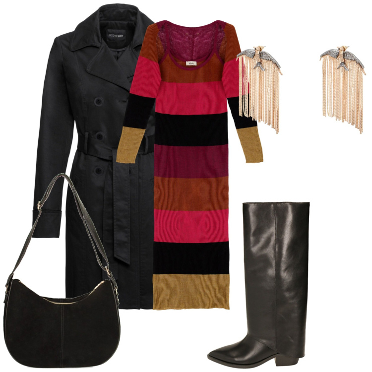 Outfit donna - Total look #1753463. Stile Urban per Tutti i giorni. Abbinamento con trench, stivali, borse a spalla, vestiti midi/longuette, orecchini.