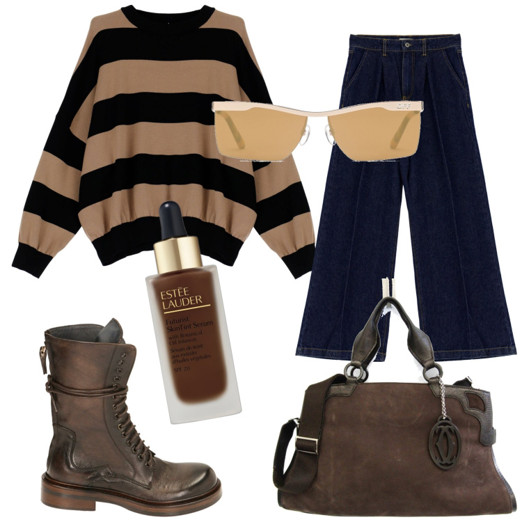 Outfit donna - Total look #1753471. Stile Urban per Tutti i giorni. Abbinamento con borse a spalla, fondotinta, maglieria, anfibi, jeans, occhiali da sole.