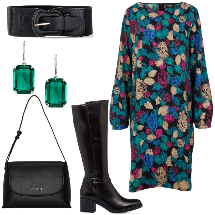 Outfit donna - Vestito multicolor e O bag Nancy. Stile Casual chic per Ufficio. Abbinamento con cinture, orecchini, stivali sopra il ginocchio, vestiti, borse a spalla.
