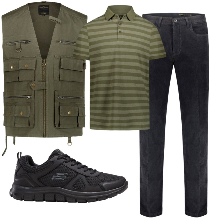 Outfit uomo - Andiamo a caccia?. Stile Casual per Tutti i giorni. Abbinamento con sneakers, gilet, pantaloni, polo.