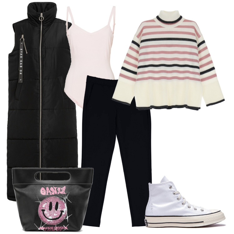 Outfit donna - Total look #1753488. Stile Chic per Tutti i giorni. Abbinamento con gilet, pantaloni, body, maglieria, sneakers, borse tote.