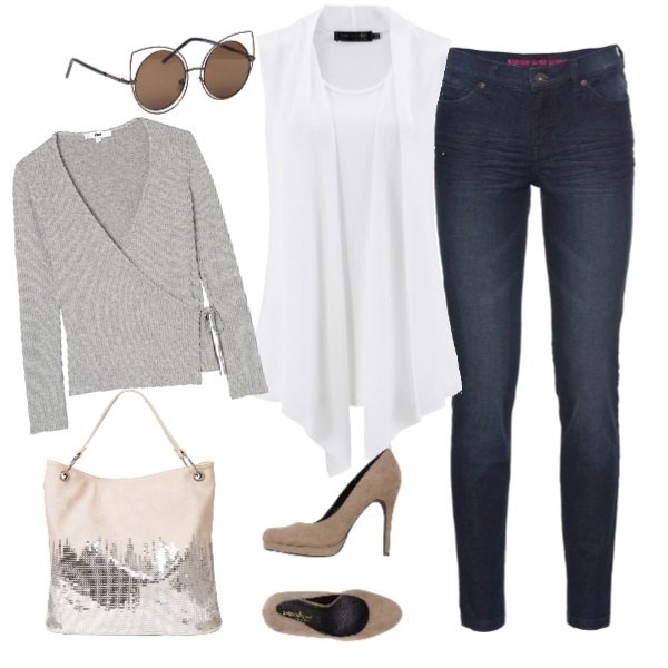 Outfit donna - Da mattina a sera. Stile Trendy per Ufficio. Abbinamento con jeans skinny, top chiffon, borsa a mano con paillettes beige, décolleté effetto scamosciato con tacco geometrico e punta tonda tinta unita, t-shirt a coste con scollo a maniche lunghe grigio, occhiali da sole a gatto stanghette sottili protezione dai raggi.