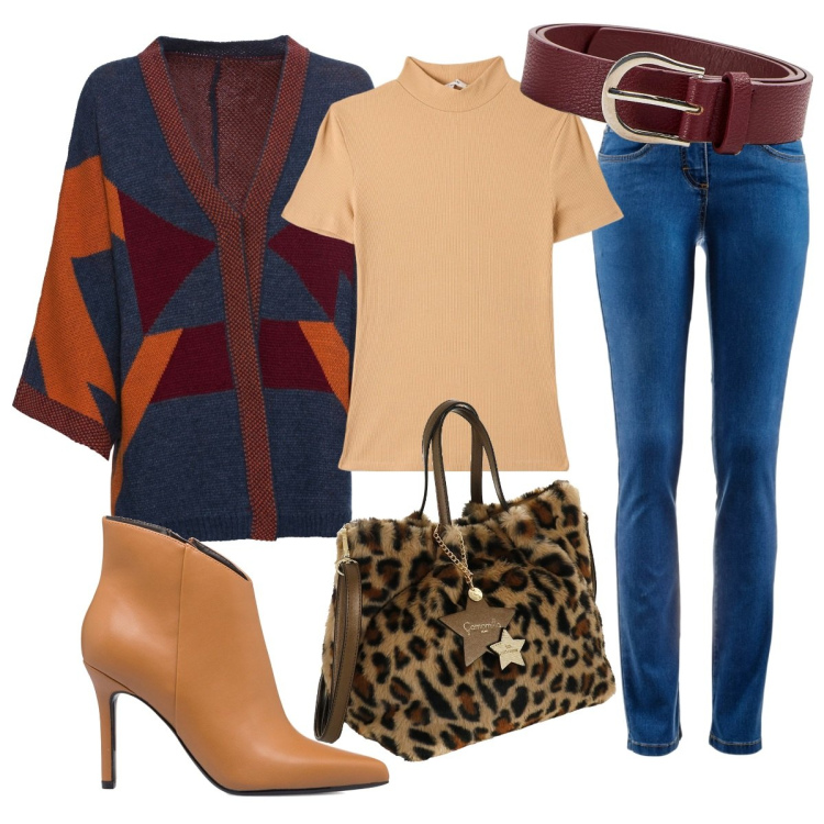 Outfit donna - Ehi. Stile Casual per Tutti i giorni. Abbinamento con jeans dritti, cardigans, t-shirt, cinture, stivaletti, borse a mano.