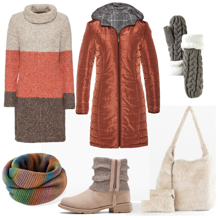 Outfit donna - Morbidezze autunnali. Stile Casual per Tutti i giorni. Abbinamento con foulard, vestiti, blazer, shopping bag, stivaletti, guanti.