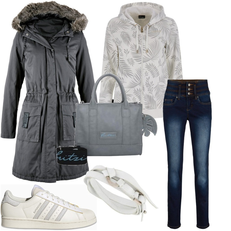 Outfit donna - Grigio e bianco. Stile Sporty chic per Tutti i giorni. Abbinamento con braccialetti, jeans, parka, felpe con cappuccio, sneakers, ciondoli.
