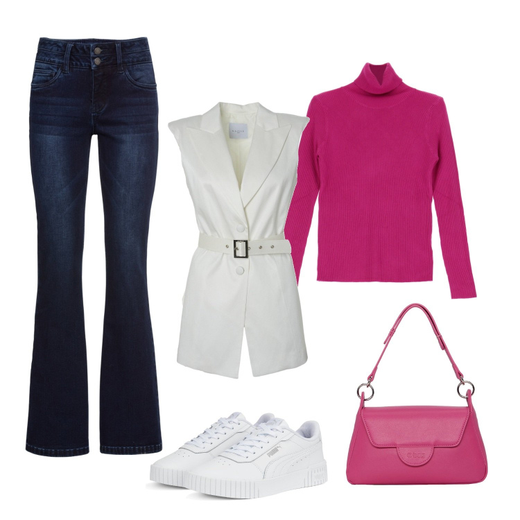 Outfit donna - Una buona giornata (veg ok). Stile Minimal per Ufficio. Abbinamento con jeans bootcut, maglieria, sneakers, giacche, borse a spalla.