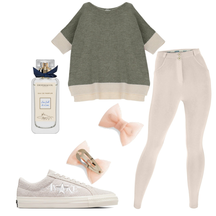 Outfit donna - Casa dolce casa. Stile Romantica per Tutti i giorni. Abbinamento con profumi, pantaloni skinny, sneakers, maglieria, accessori per capelli.