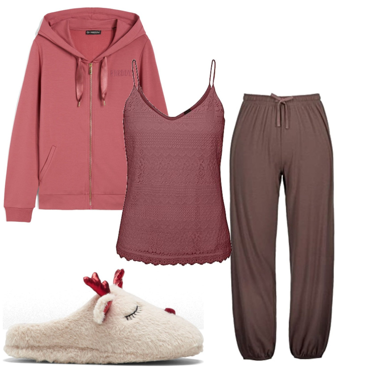 Outfit donna - Domenica pigra a casa. Stile Basic per Tutti i giorni. Abbinamento con pantofole, felpe con cappuccio, vestaglie, pigiama.