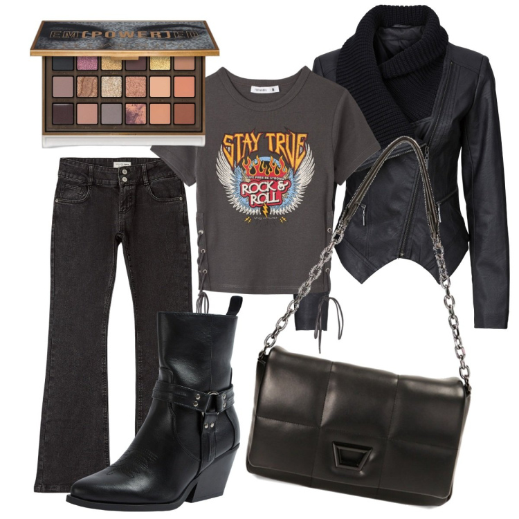 Outfit donna - Style rock. Stile Rock per Serata fuori. Abbinamento con blazer, ombretti, jeans a zampa, t-shirt, stivaletti texani, borse a tracolla.