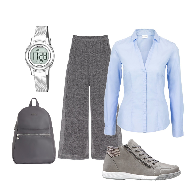 Outfit donna - La camicia azzurra. Stile Basic per Tutti i giorni. Abbinamento con sneakers alte, camicie, zaini, pantaloni a palazzo, orologi digitali.